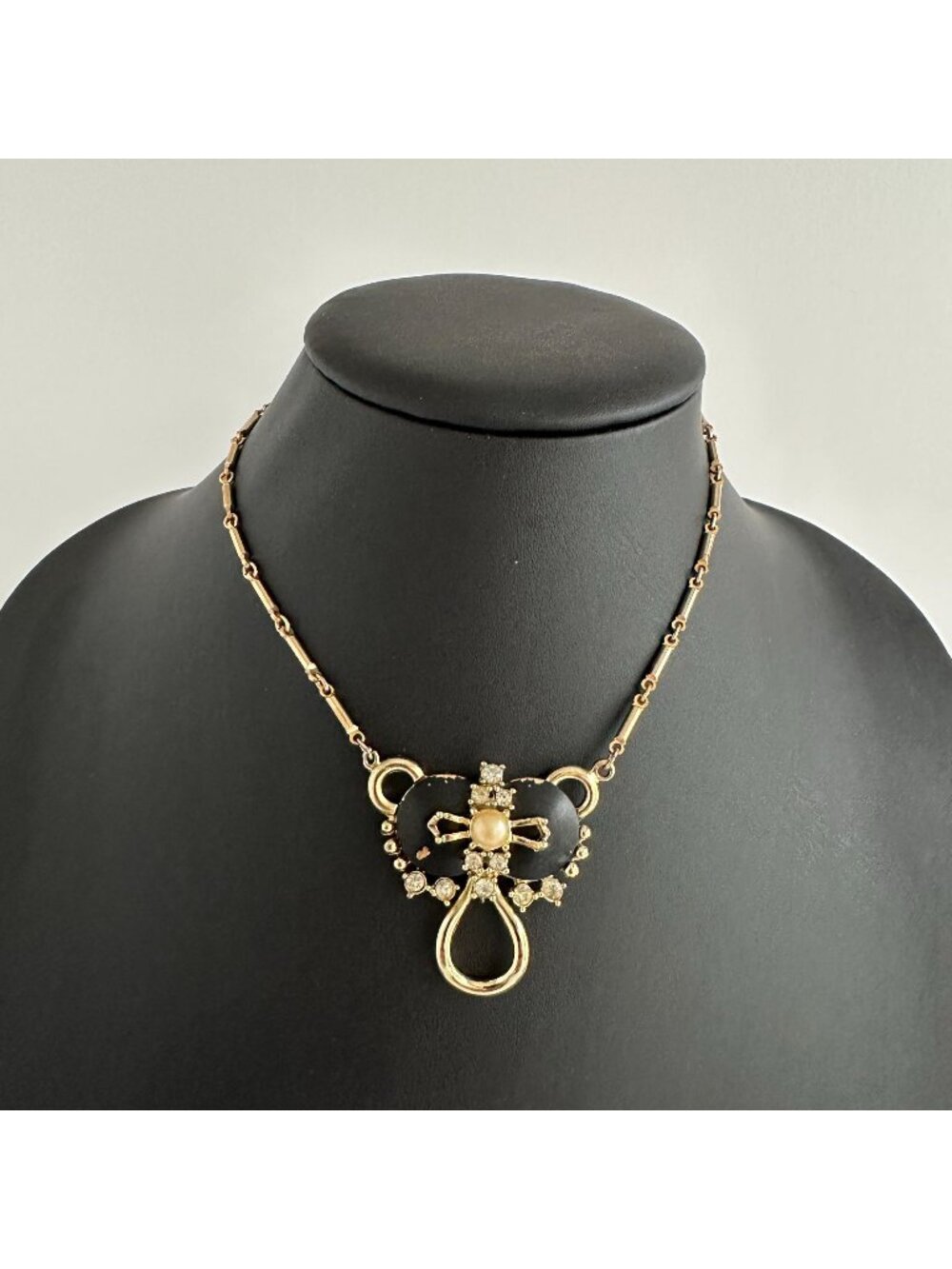 Victorian Revival Black Enamel Pearl Rhinestone Gold Tone Bar Link Necklace